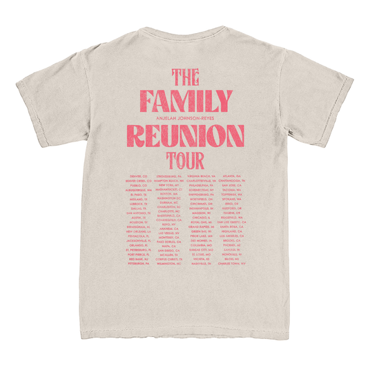 Beige t-shirt with pink text 'The Family Reunion Tour' on the back