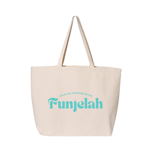 Cream tote with Funjelah printed in Teal on the front