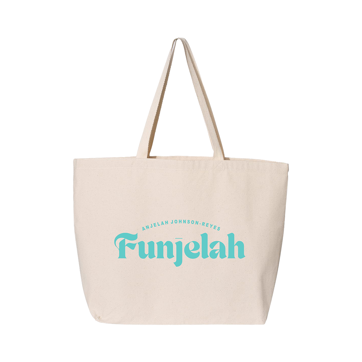 Cream tote with Funjelah printed in Teal on the front