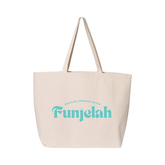 Cream tote with Funjelah printed in Teal on the front