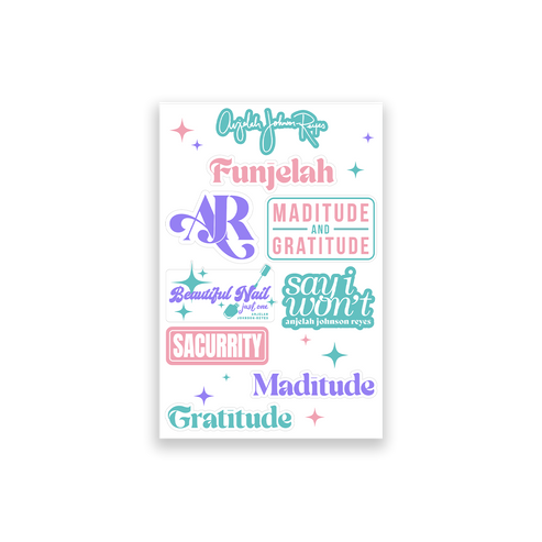 Anjelah Johnson-Reyes Sticker Sheet with 8 stickers of iconic Anjelah sayings