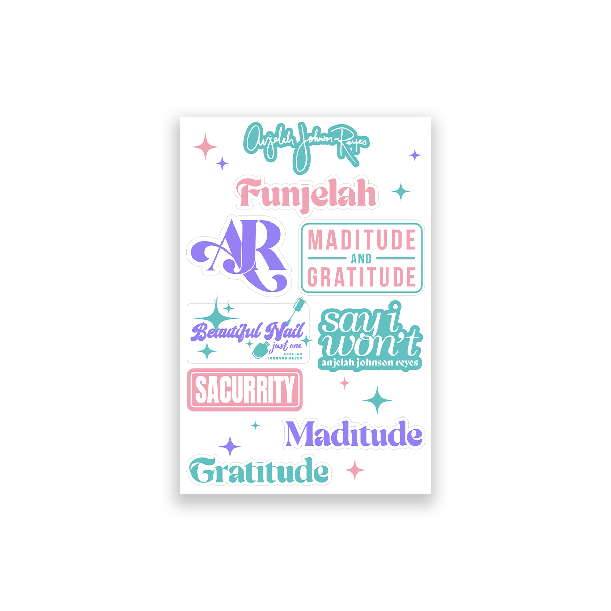 Anjelah Johnson-Reyes Sticker Sheet with 8 stickers of iconic Anjelah sayings