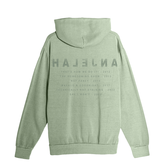Light green hoodie with ANJELAH backward on the back in tonal print and here comedy sets listed